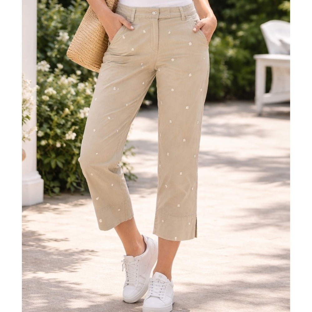 Lizgolf Cathren‎ Cropped Pants Women's 4 Khaki Floral Embroidered Cotton